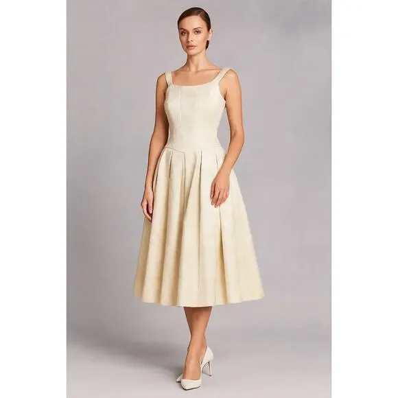 Teri Jon by Rickie Freedman Metallic Jacquard Pleated Cocktail Midi Dress Size 2 - Picture 1 of 13